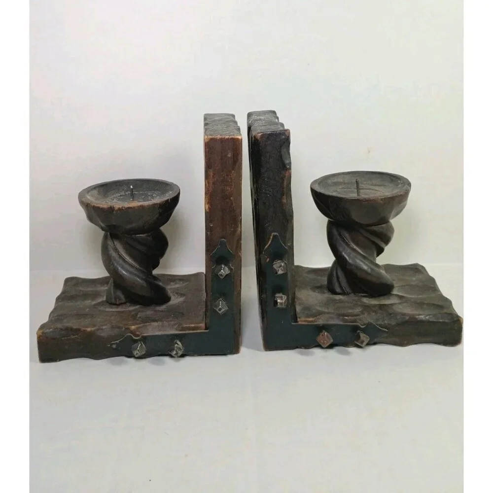 VTG Mid Century Hand Carved Twisted Wood Candle Holder Bookends Made In Spain